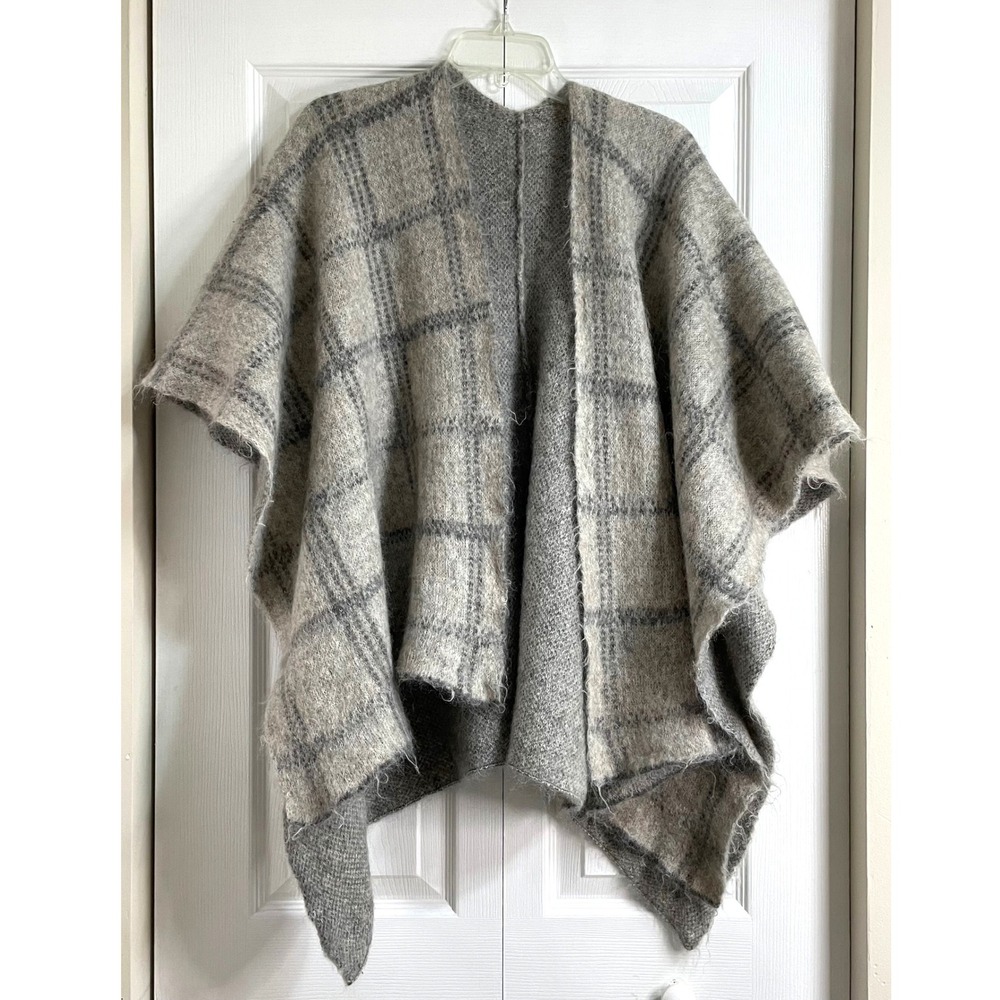 Eileen Fisher Brushed‎ Plaid Mohair Alpaca Blend Open Front Poncho Cape Shrug - Picture 2 of 10